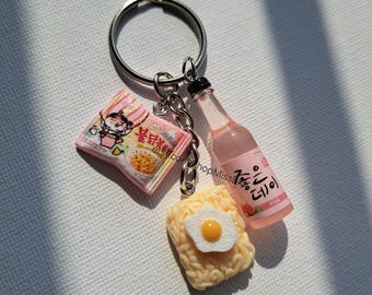 K-food keychain~Carbonara Buldak ramen noodles, jinro bottle with ramen egg keychain/airpod keychain, Korean food keychain,