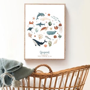 Póster de nacimiento personalizado - Sealand - Ballena - Mundo marino - Regalo personalizado - Habitación infantil - Decoración - Póster bebé