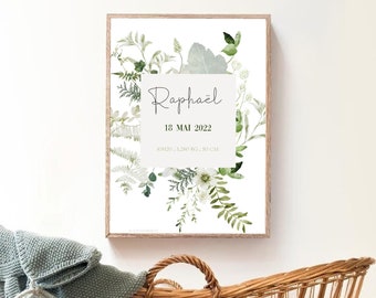 Personalized birth poster - Vegetal - Watercolor - Personalized gift - Children's room - Decoration - Baby poster