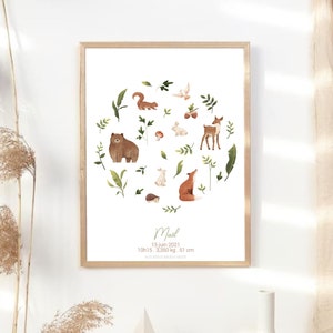 Personalized birth poster - Woodland - Forest animals - Personalized gift - Children&#39;s room - Decoration - Baby poster