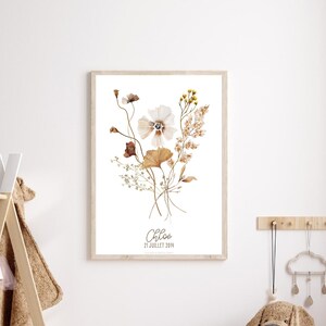 Pôster de nascimento personalizado - Flores silvestres - Presente personalizado - Quarto de criança - Decoração - Pôster de bebê