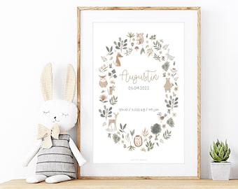 Personalisiertes Geburtsplakat - Waldland - Aquarell - Personalisiertes Geschenk - Kinderzimmer - Dekoration - Babyplakat