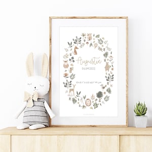 Personalisiertes Geburtsplakat - Waldland - Aquarell - Personalisiertes Geschenk - Kinderzimmer - Dekoration - Babyplakat