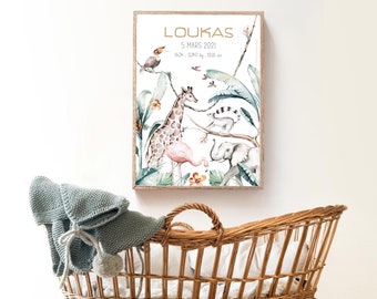 Personalized birth poster - Safari - Tropical - Personalized gift - Children's room - Decoration - Baby poster
