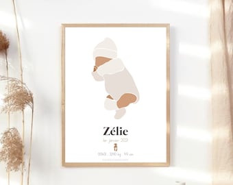 Affiche naissance personnalisée - Illustration - Cadeau personnalisé - Chambre enfant - Décoration - Affiche bébé