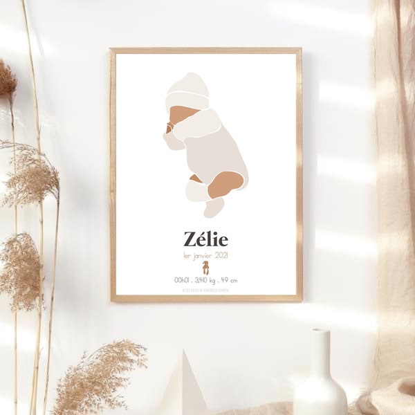 Affiche naissance personnalisée - Illustration - Cadeau personnalisé - Chambre enfant - Décoration - Affiche bébé