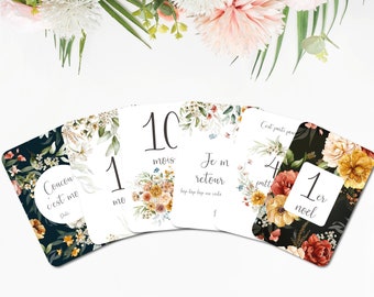 Cartes étapes - Fleurs - Aquarelle - Couronne de fleurs - Naissance - Bébé - Famille - Grossesse - Souvenir - Papeterie - Ma première année