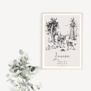 Affiche naissance personnalisée - Woodland - Animaux de la Forêt - Cadeau personnalisé - Chambre enfant - Décoration - Affiche bébé