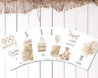 Cartões de marcos - Boho - Aquarela - Nascimento - Bebê - Família - Gravidez - Lembrança - Papelaria - Meu primeiro ano - Minhas primeiras vezes