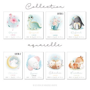 Affiche naissance personnalisée Collection Aquarelle Fille Garçon Cadeau personnalisé Chambre enfant Décoration Affiche bébé image 1