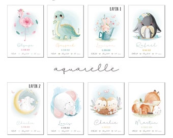Affiche naissance personnalisée - Collection Aquarelle - Fille - Garçon - Cadeau personnalisé - Chambre enfant - Décoration - Affiche bébé