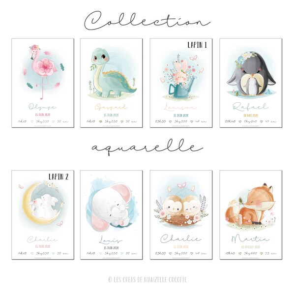 Affiche naissance personnalisée - Collection Aquarelle - Fille - Garçon - Cadeau personnalisé - Chambre enfant - Décoration - Affiche bébé