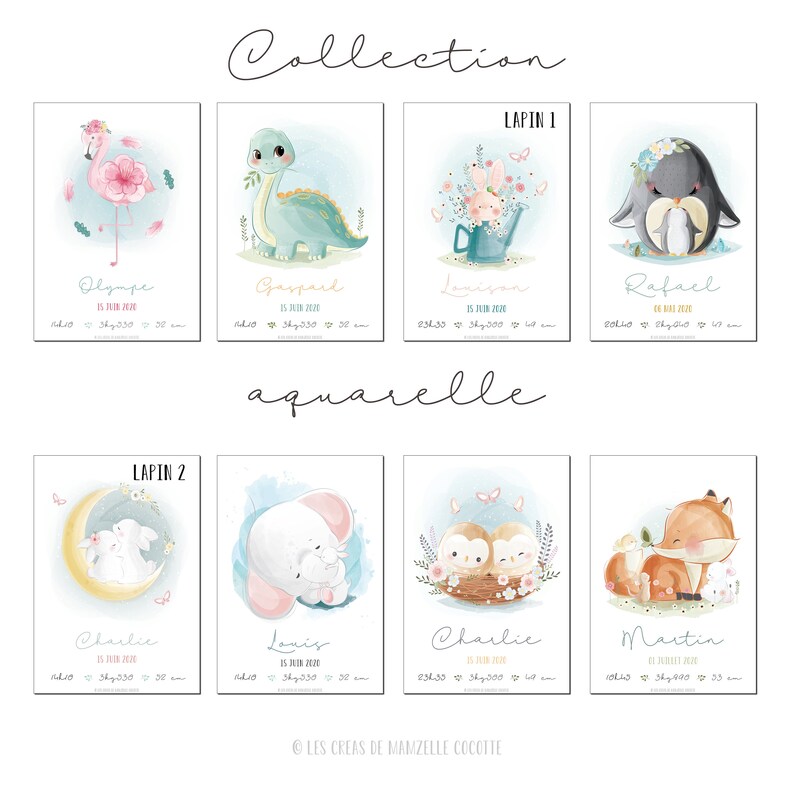 Affiche naissance personnalisée Collection Aquarelle Fille Garçon Cadeau personnalisé Chambre enfant Décoration Affiche bébé image 1