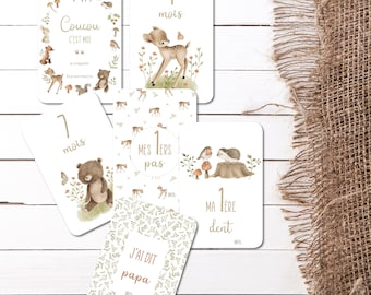 Cartes étapes - Woodland - Watercolor - Animaux de la forêt - Naissance - Bébé - Aquarelle - Famille - Grossesse - Souvenir - Première année