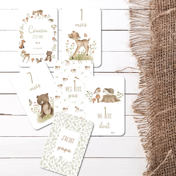 Cartes étapes - Woodland - Watercolor - Animaux de la forêt - Naissance - Bébé - Aquarelle - Famille - Grossesse - Souvenir - Première année