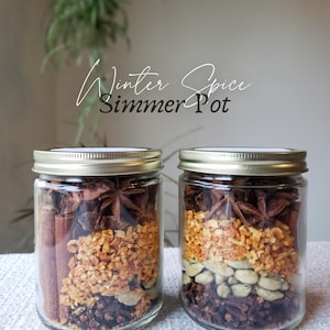 May include: Two clear glass jars with gold metal lids filled with layers of dried ingredients including cinnamon sticks, star anise, dried orange peel, cardamom pods, and cloves. The text Winter Spice Simmer Pot is printed above the jars.
