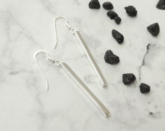 925 Sterling Silver Long Vertical Bar Dangle Earrings, 1.31 inch (34mm) Tall, Minimalistic Style