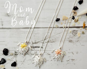 925 Sterling Silver Mother and Baby Turtle Pendant Necklace, Silver/Rose Gold/Yellow Gold, w/ 16&quot; to 18&quot; Adjustable Chain, Baby Shower Gift