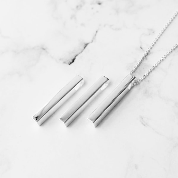 925 Sterling Silver Plain Vertical Bar Pendant Necklace with Italian Cable Chain 16 to 24 inch