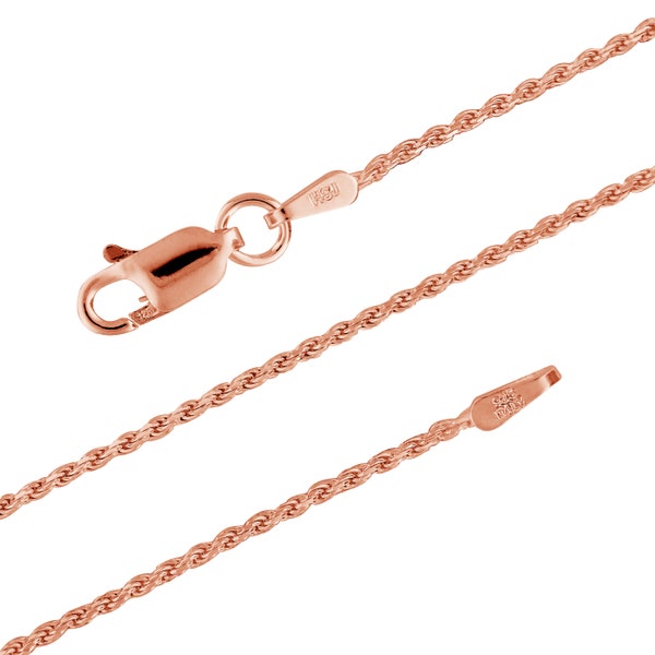 14kt Rose Gold Plated Sterling Silver 1.1mm Diamond-Cut Rope Chain Necklace Solid Italian Nickel-Free, 16-20 Inch