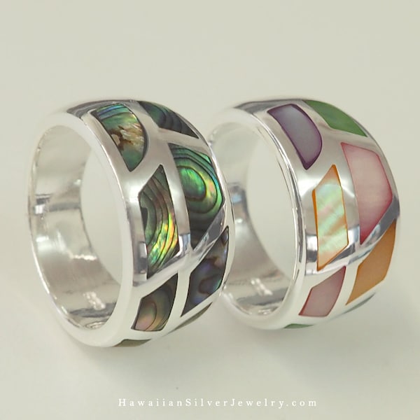 925 Sterling Silver with Abalone and Multi Color Mother of Pearl Paua Shell Tapered Band Ring, Size 4.5 - 11.5