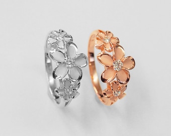 925 Sterling Silver and 14kt Rose Gold Plated Sterling Silver Hawaiian Three Plumeria Ring, Size 4 - 12