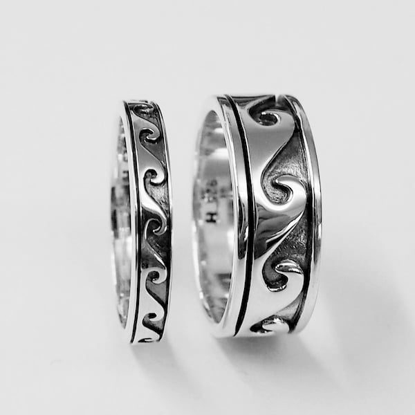 925 Sterling Silver with Oxidation Skinny and Wide Wave Ring, Size 4 - 14