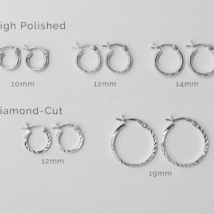 925 Sterling Silver Huggies Hoop Earrings 10mm - 14mm, Diamond-Cut Hoop Earrings 12mm/19mm