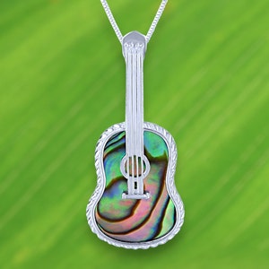 925 Sterling Silver Abalone Shell Inlay Ukulele Pendant Necklace, 16&quot; to 18&quot; adjustable chain included