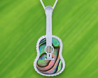 925 Sterling Silver Abalone Shell Inlay Ukulele Pendant Necklace, 16&quot; to 18&quot; adjustable chain included