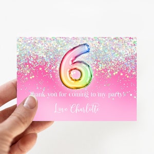 6th Birthday Printable Thank You Card, Pink Glitter Rainbow Birthday Party, hohp1