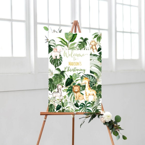 Christening Welcome Sign, 24 x 36 Jungle Baby Animals Christening Sign, Greenery Christening Sign Tropical Editable, sign, saf1