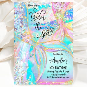 Any Age Mermaid Birthday Invitation Purple Blue Pink Under The Sea Invite Glitter Editable Birthday Invitation, Holographic, LACU1