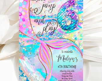 Invitación de cumpleaños para saltar y jugar, con tema de sirena en trampolín, editable en morado, azul y rosa con purpurina, holográfica, LACU1