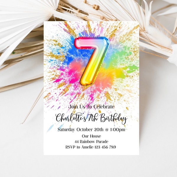 7ème Rainbow Paint Splash Invitation d'anniversaire imprimable modifiable colorée peinture lumineuse fête d'anniversaire Invitation, peinture