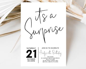 Surprise Birthday Party Invitation, Editable Black and White Minimalist Men's Birthday Invitation, Digital Or Text Invite, Digital Download