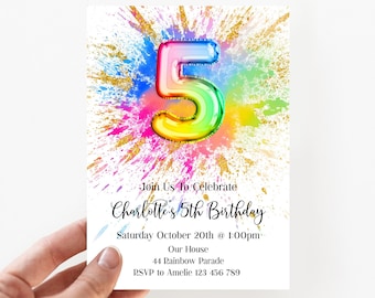5th Rainbow  Paint Splash Printable Birthday Invitation Editable Colorful Bright Painting Party Birthday Invitation, paint