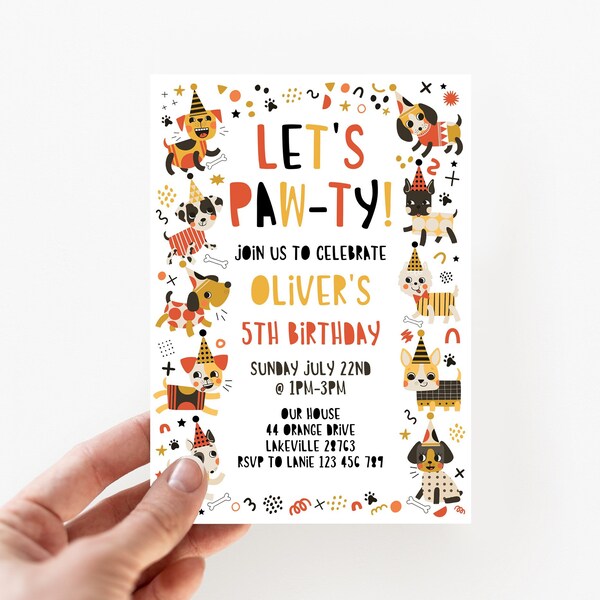 Hund Geburtstagseinladung, Lässt Paw-ty jedes Alter Puppy Pawty Geburtstag einladen, geschlechtsneutral Junge oder Mädchen, Doggy Pet Printable Invite, paw1