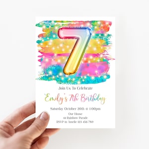 Rainbow 7th Birthday Invitation Editable Pink Blue Yellow Birthday Invitation,  Rainbow Fairy Lights Editable invite, rorfl1