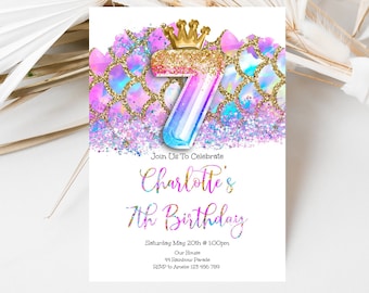 7th Birthday Invitation Pink Mermaid Glitter Birthday Invitation, Mermaid Crown Editable invite, lacmm1