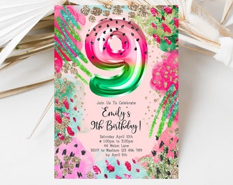 9th Watermelon Birthday Invitation, Pink Gold Glitter, Melon Party Pink and Green, Paperless Post, m1ab1