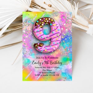 9. Geburtstagseinladung Mädchen Regenbogen Glitter, bearbeitbar einladen, Süßigkeit Schokolade Rosa Sterne Streuseln Konfetti Geburtstagseinladung, cm1