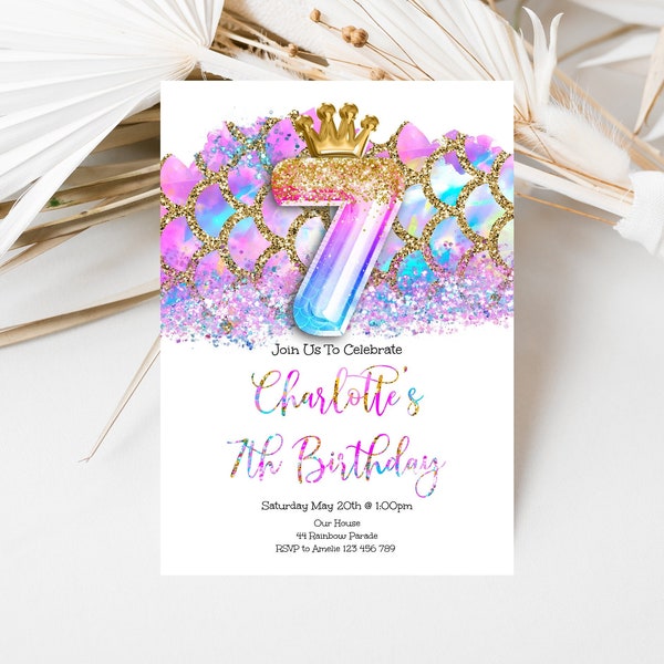 7th Birthday Invitation Pink Mermaid Glitter Birthday Invitation, Mermaid Crown Editable invite, lacmm1