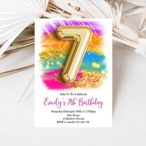 7th Birthday Invitation Bright Rainbow Gold Glitter Colorful Paint party, sbg1