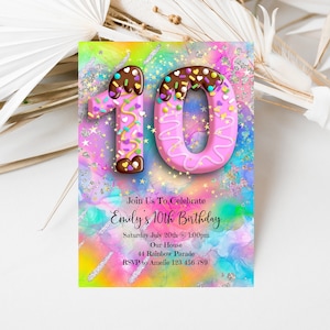 10th Birthday Invitation Girl Rainbow Glitter, Editable Invite, Candy Chocolate Pink Stars Sprinkles Confetti Birthday Invitation, cm1