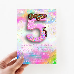 5th Birthday Invitation Girl, Sweet Celebration Editable Invite, Candy Chocolate Pink Stars Sprinkles Confetti Birthday Invitation, candy