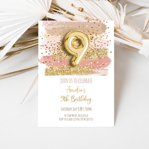 9th Birthday Invitation Girl, Pink Gold Glitter Neutral Pink Birthday Girl Invite, moi1