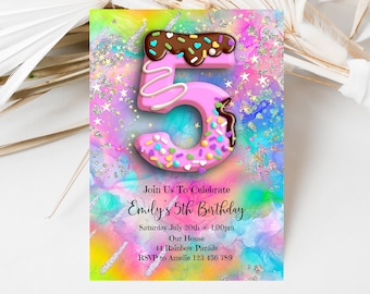 May include: A colorful birthday invitation with a pink and white donut-shaped number 5 with chocolate frosting and sprinkles. The text reads "Join Us To Celebrate Emily's 5th Birthday Saturday July 20th @ 1:00pm Our House 44 Rainbow Parade RSVP to Amelie 123 456 759"
