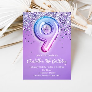 9th Birthday Invitation Purple Blue Pink Ombre Glitter Editable Birthday Invitation, Purple Holographic Editable invite, ombre1