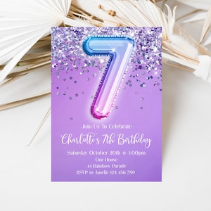 7th Birthday Invitation Purple Blue Pink Ombre Glitter Editable Birthday Invite, Purple Holographic Editable invite, ombre1